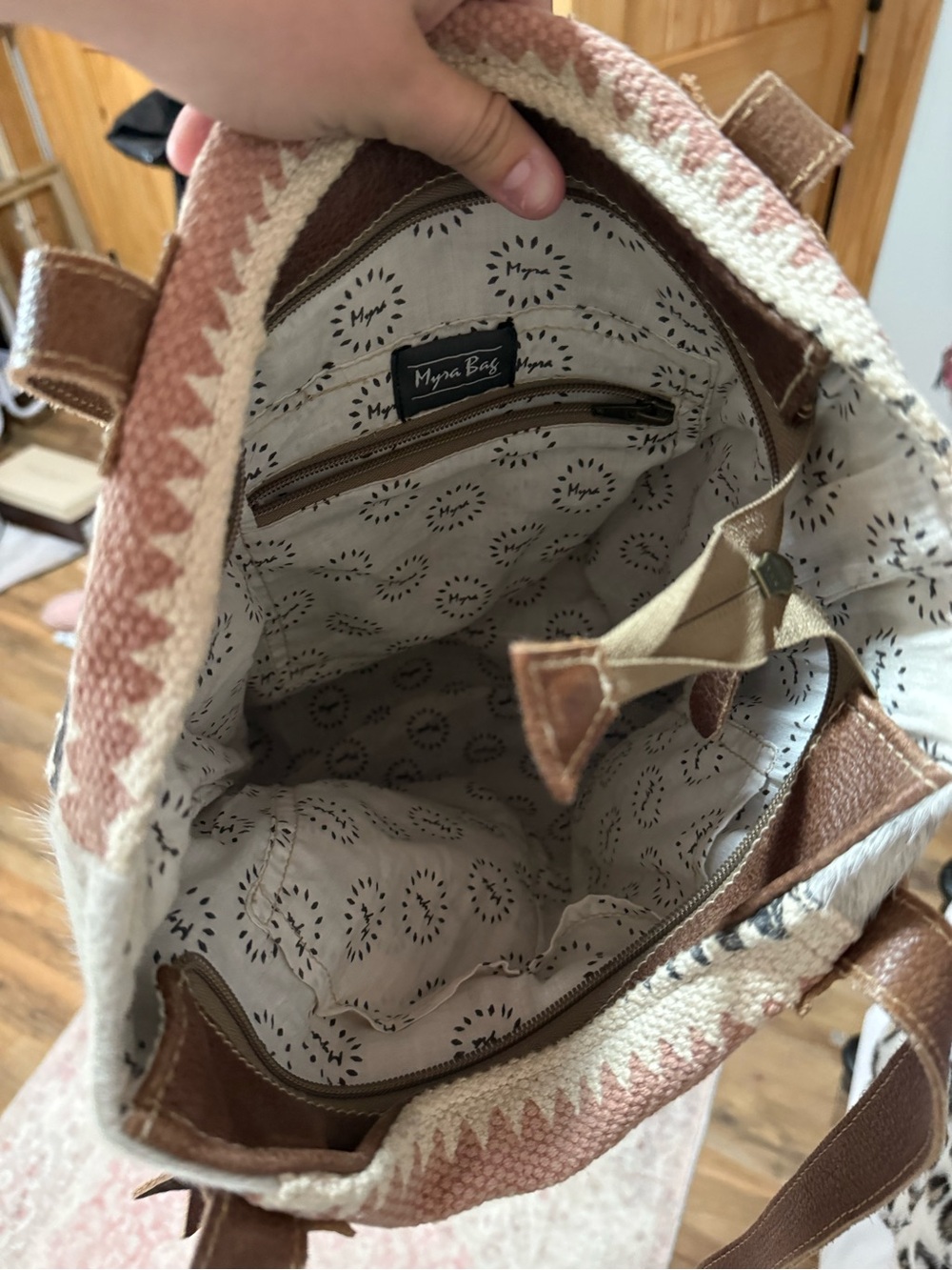 MYRA Leather-Trim Wool & Haircalf Tote Bag in Brown and Black - Picture 3 of 4